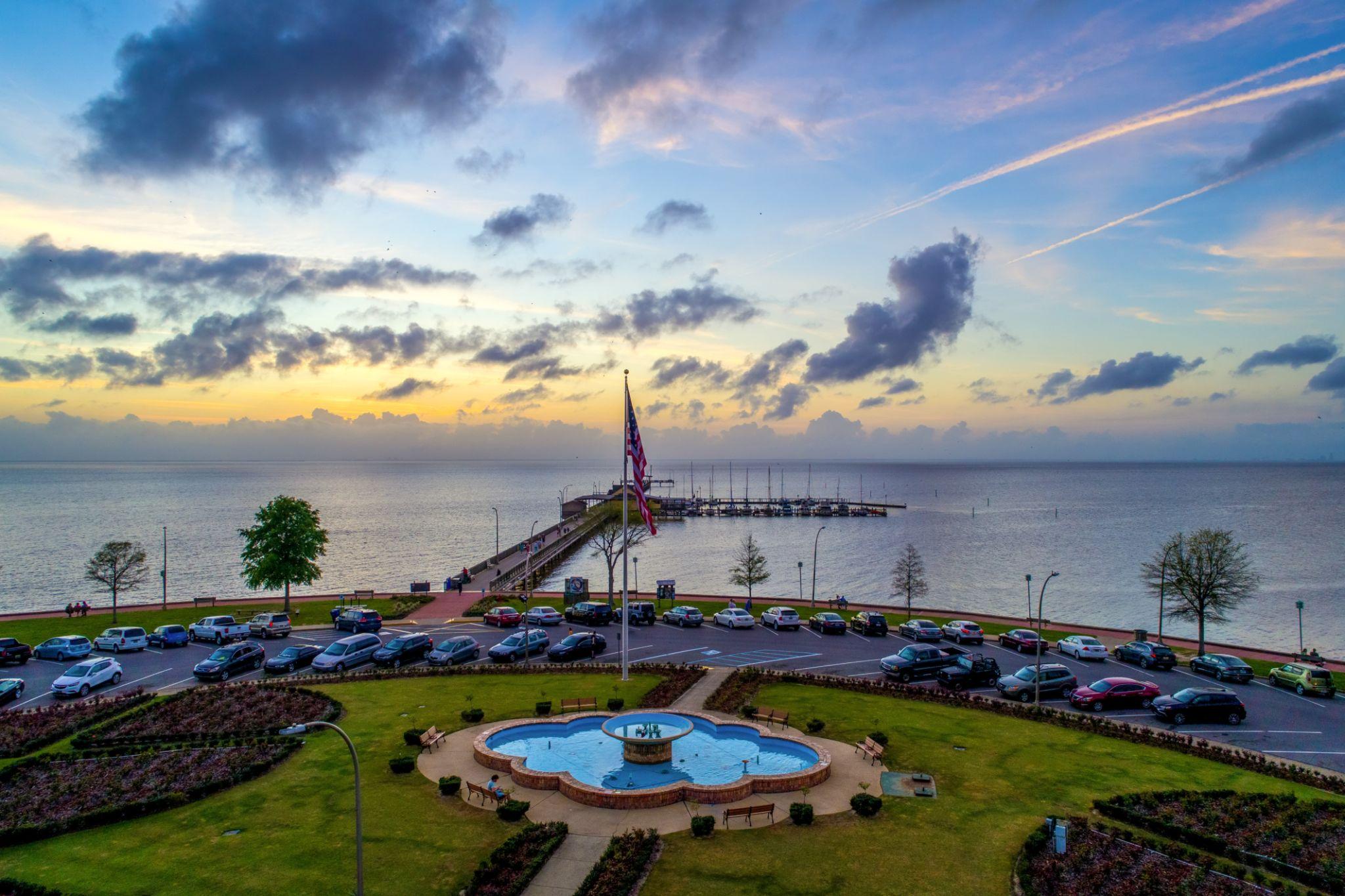 Fairhope Alabama Municipal Pier overlooking Mobile Bay at sunset on the Eastern Shore of Baldwin County